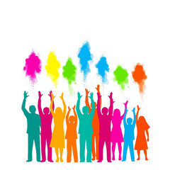 A diverse group of people celebrating together with colorful powder in the air