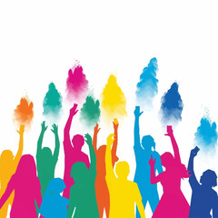 A group of people celebrating with colorful powder in the air, enjoying a vibrant scene