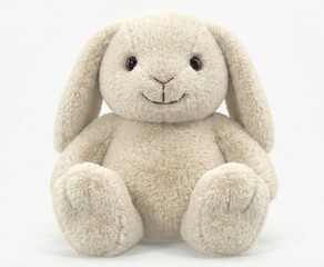 Fototapeta premium Soft beige plush baby doll toy sitting isolated on white background with cute expression and cuddly texture