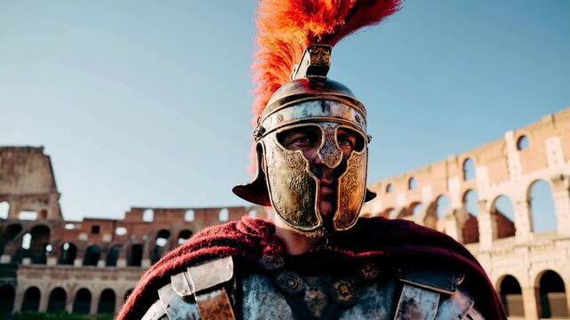 Majestic gladiator with red plume helmet posing in colosseum under bright sky representing courage valor spectacle and timeless ancient legacy
