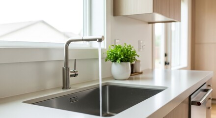 Modern Kitchen Sink with Running Water and Green Plant