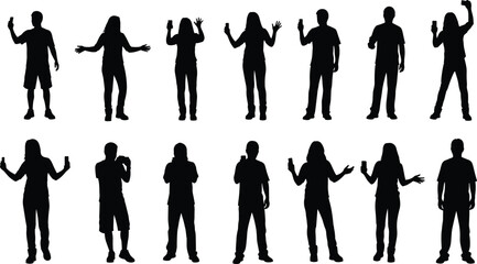 Obraz premium Smartphone silhouette vector illustration of people using mobile devices, taking selfies, social behavior artwork, modern lifestyle design, technology communication concept