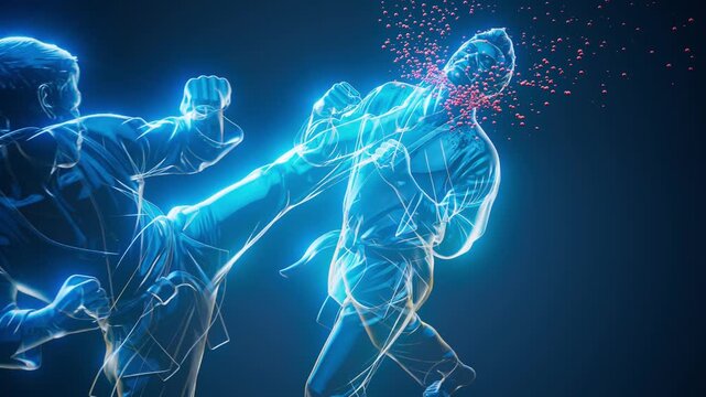 Conceptual 3D animation of a karateka kicking another karateka in the head