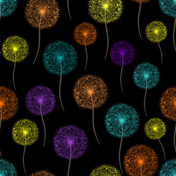 Seamless pattern of colorful dandelions on black. Vibrant floral vector background with bright flowers for textile, fabric, and wallpaper design. Botanical summer print.