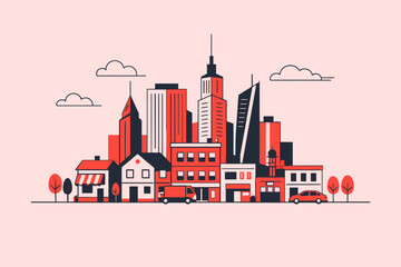 Obraz premium Minimalist Flat Design Cityscape Vector Illustration. Modern Urban Skyline with Skyscraper Towers, Residential Houses, and Street Traffic in Coral and Dark Gray.
