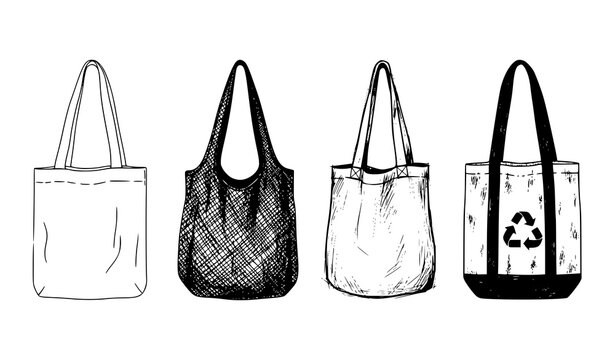 Hand drawn reusable tote bag collection with line art cross hatch sketch and grunge ink eco vector set