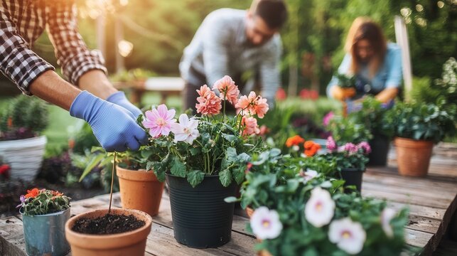 People gardening outdoors, planting flowers and caring for plants, enjoying hobby agriculture and sustainable living in a beautiful home garden