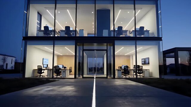 Modern Glass Office Building Facade at Dusk
