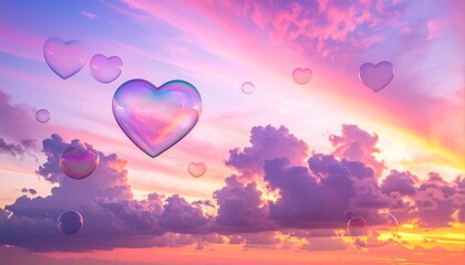 Fantastical Sunset Sky with Heart Bubbles