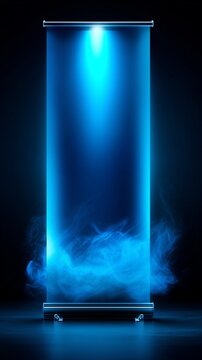 Roll-up-Aufsteller mit blauem Gl&uuml;hen und Rauch auf schwarzem Hintergrund &ndash; Werbemittel-Mockup