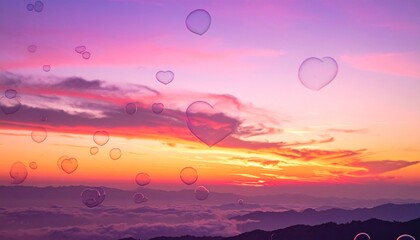 Fantastical Sunset Sky with Heart Bubbles