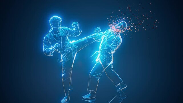 Conceptual 3D animation of a karateka kicking another karateka in the head
