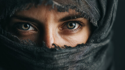 Fototapeta premium Mysterious woman eyes wrapped in fabric expressing inner strength and emotion