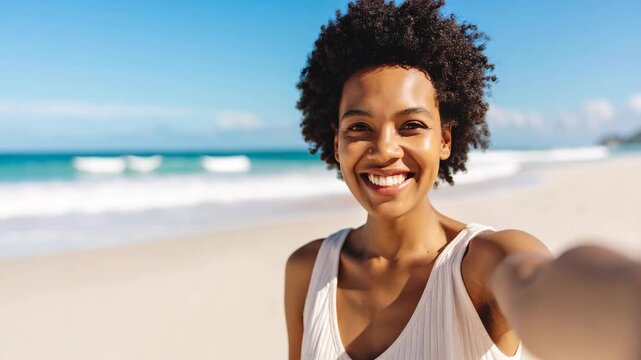 Joyful woman taking a selfie on a sunny beach with ocean waves and blue sky