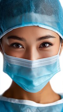 Nahaufnahme einer asiatischen &Auml;rztin oder Krankenschwester mit medizinischer Maske und Haube &ndash; fokussiert auf die Augen