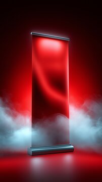 Rotes Roll-Up Banner mit Rauch auf rotem Hintergrund &ndash; dramatisches Produkt-Mockup f&uuml;r Werbung