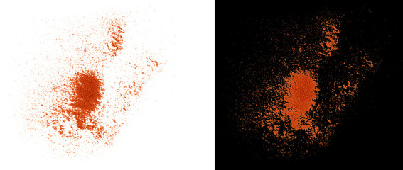 Scattered red paprika powder pile or ground chili spice texture isolated. Dry cayenne pepper dust heap for cooking. Aromatic hot seasoning ingredient spill