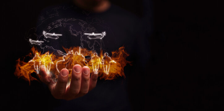 Global war concept with soldiers, tanks and fighter jets over burning globe, world map, in human hand. Military conflict, geopolitical crisis, defense strategy and international security emergency.