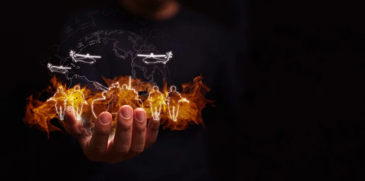 Global war concept with soldiers, tanks and fighter jets over burning globe, world map, in human hand. Military conflict, geopolitical crisis, defense strategy and international security emergency.