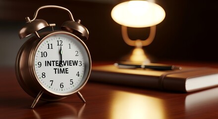 A clock with the word Interview on it. The time is 3:00. There is a pen and a book on the table