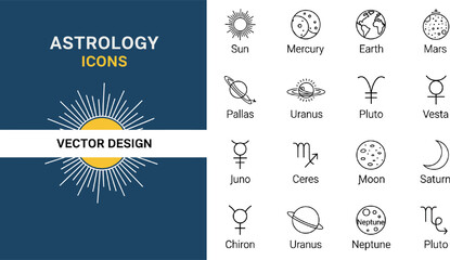 Minimal vector set of astrology and planet symbols including sun, moon, zodiac signs and celestial bodies © REYAD