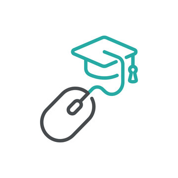 Online education and digital learning icon with mouse and graduation cap