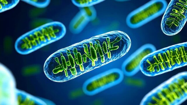 Close-up 3D rendering of glowing mitochondria cells in abstract blue background