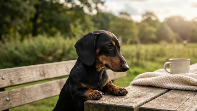 black and brown dachshund. A charming black and tan dachshund sits poised on a rustic wooden table, gazing serenely into the distance, surrounded by a lush green landscape and soft sunlight