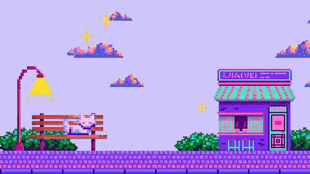 Retro pixel art city street background with sleeping cat on bench and small shop at twilight perfect for streaming background, intro background, and podcast background