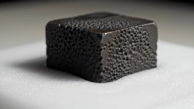 Black porous cube rests on textured white foam base