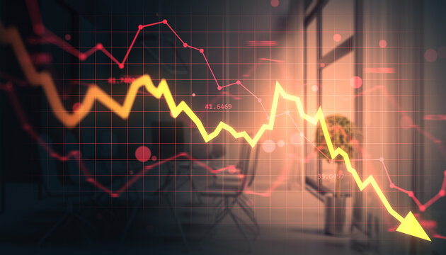 Yellow arrow showing market crash with falling stock chart overlay in modern corporate office background with warm light effects. 3D Rendering