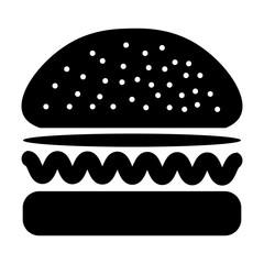 Illustration showing a black burger icon on a white background. Fast food