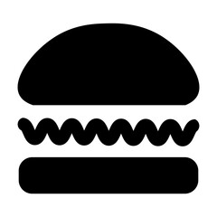 Illustration showing a black burger icon on a white background. Fast food