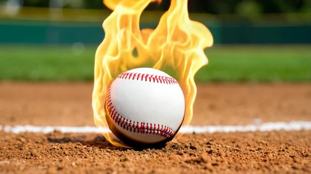 Baseball on fire resting on infield dirt with stadium background