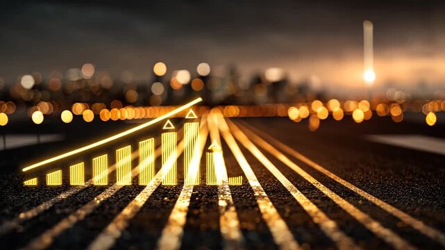 Uplifting financial growth bar graph on a dark road leading to city lights, symbolizing future progress and success