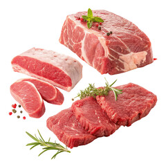 set of fresh raw meat ,isolated on transparent png
