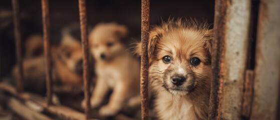 The Puppies Behind a Rusty Cage in a Dim Shelter Waiting for Rescue