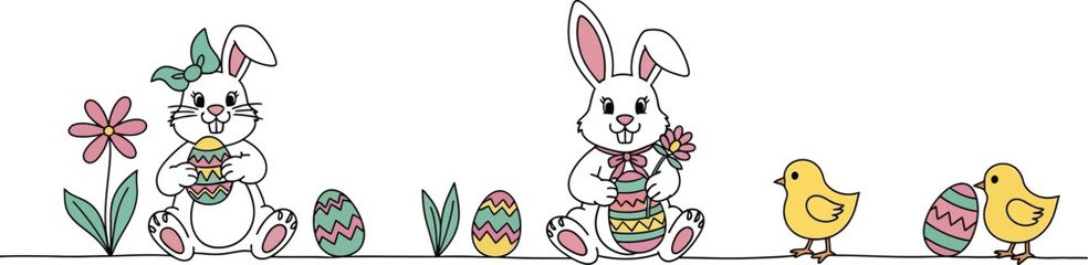 Cute cartoon illustration featuring happy white bunnies holding decorated easter eggs alongside small yellow chicks and pastel spring flowers along a single line