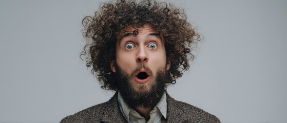 The man with curly hair and beard displaying a surprised expression in studio portrait