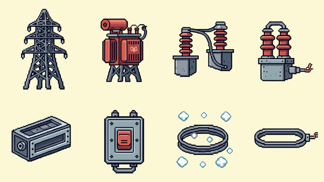 Pixel art electrical equipment set: transformers, insulators, and cables