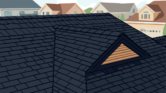 Realistic roof shingles with dormer window in suburban neighborhood background