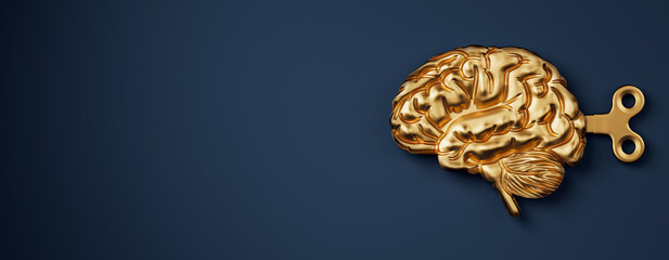 Golden wind-up brain mechanism on dark background symbolizing cognitive thinking, intelligence, and creativity in science and education concept. 3D Rendering © Who is Danny