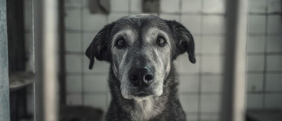 The dog portrait in an urban shelter with somber eyes and textured tiles