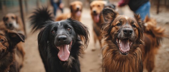The Dogs Smiling Together in a Lively Outdoor Dog Park with Happy Faces