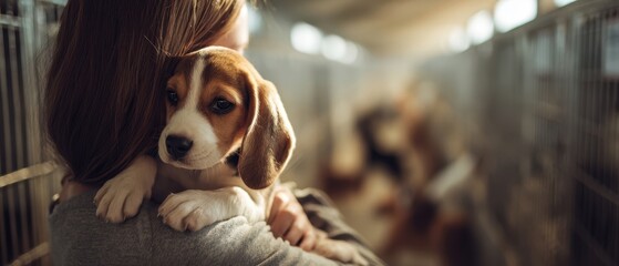 The Beagle Puppy Being Comforted by Caregiver in Animal Shelter Kennels