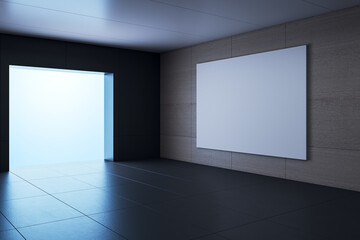 Blank canvas mockup on modern dark hallway wall with bright exit light in minimalist interior design setting. 3D Rendering