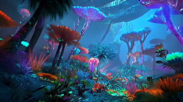 Vibrant Glowing Fantasy Forest with Bioluminescent Plants & Mystical Mushrooms in Otherworldly Alien Landscape