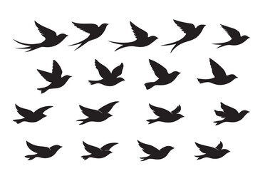 Set of black bird silhouettes in flight, isolated on white background. Collection features different wing and tail shapes, flying in the same direction. Minimal flat vector style illustration.