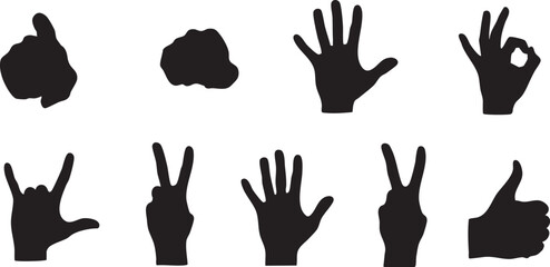 Fototapeta premium Black silhouettes of hands making different gestures on white background thumbs up peace signs
