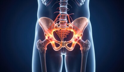 Human Pelvis and Spine Anatomy Overlay Highlighting Musculoskeletal Pain, Rehabilitation, Orthopedic Care and Healthcare